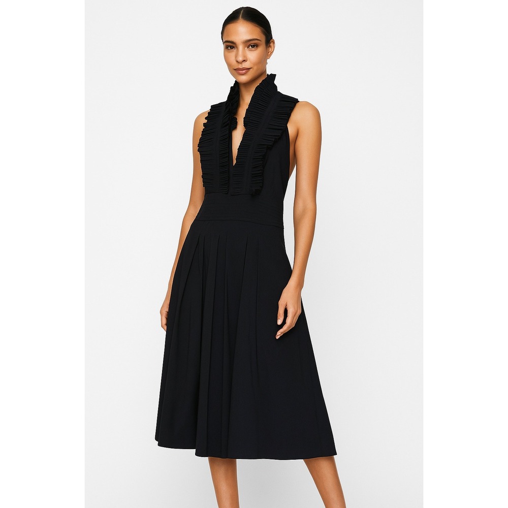 BCBGMAXAZRIA‎ Black Ruffle Halter Midi Dress Pleated Tie Back Sleeveless 10